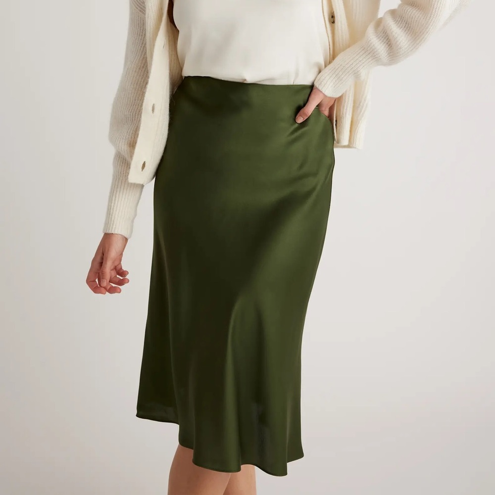Quince Olive Silk Midi Skirt